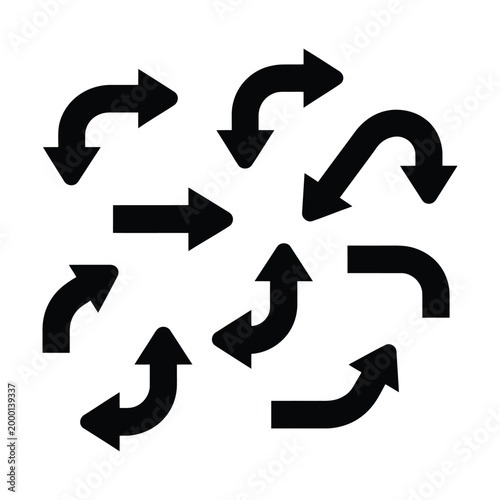 Black arrow navigation icons collection showing curved and straight direction pointers for interface design and web wayfinding signs.