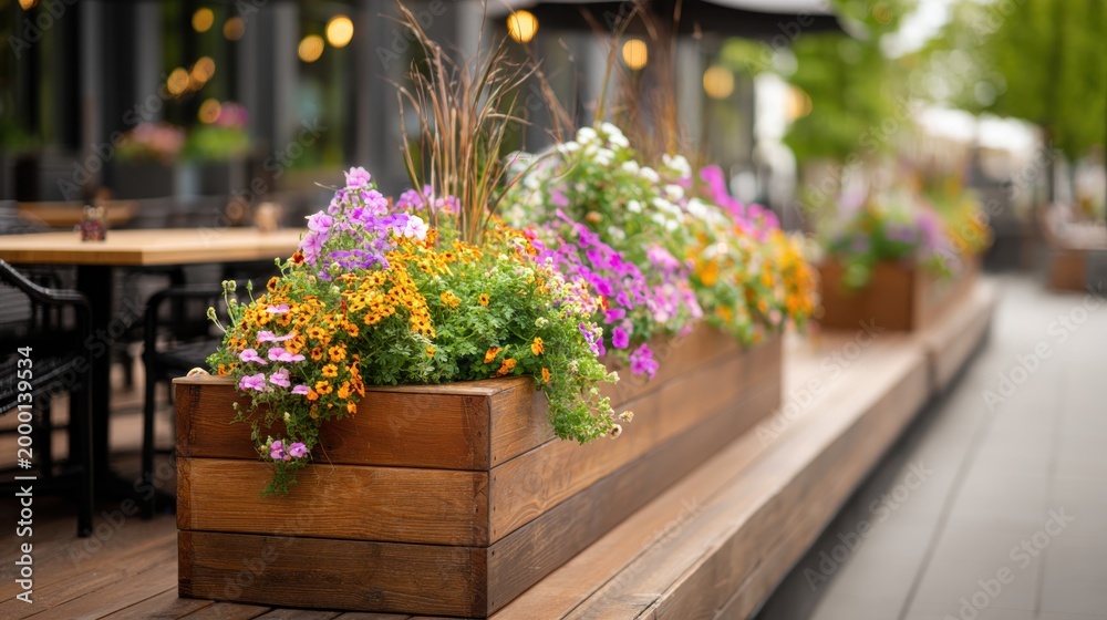Obraz premium Vibrant flower boxes enhance outdoor dining area with colorful blooms natural wood. Long wooden planter box overflows with variety of colorful flowers, adding beauty to outdoor restaurant seating area