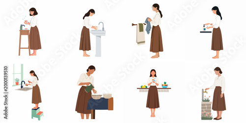 Illustration set of a woman performing various hygiene and household activities like washing hands, drying them, and cleaning dishes in a flat design style.