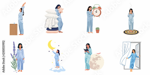 Vector set of illustrations depicting a young woman in blue pajamas during various morning and bedtime routines, isolated on a white background.