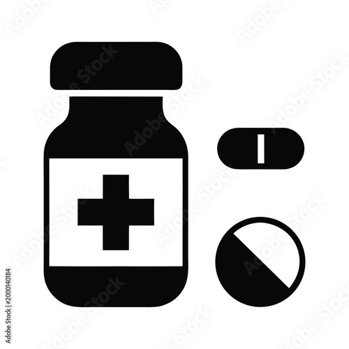 Medical Pill Bottle with Cross Symbol and Capsules