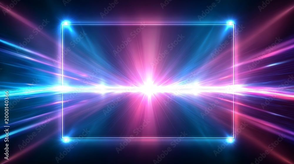 Obraz premium Rectangular neon frame with intense blue and pink light rays bursting from the center