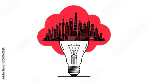 Red Creative Idea Light Bulb with City Skyline Silhouette Illustration