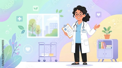 Modern Vector Illustration of a Friendly Female Doctor in a Hospital Clinic