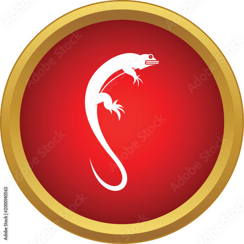 White lizard silhouette on a round red button with a golden frame