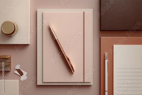 Elegant Pastel Pink Notebook With Rose Gold Pen And Textured Background Elements