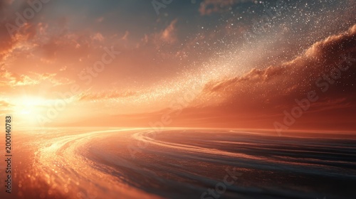 Golden Sunrise Over Tranquil Ocean Reflecting Fiery Clouds and Sparkling Stardust