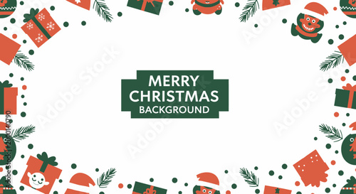 Merry Christmas background with festive decorations, gifts, and Santa Claus elements