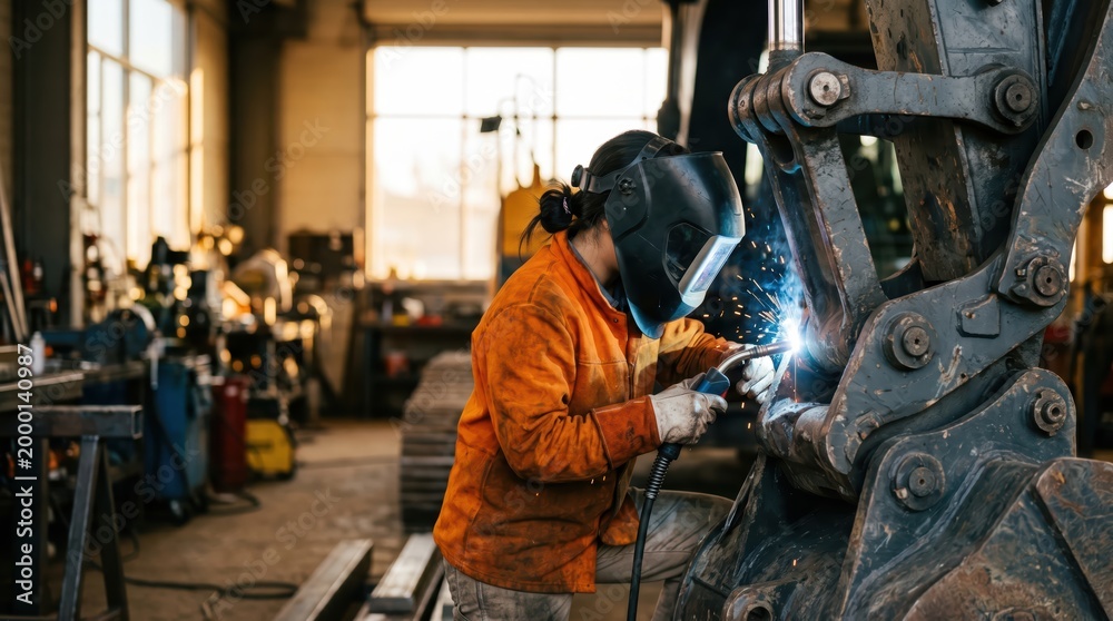 Fototapeta premium Welder repairing heavy excavator component inside industrial workshop