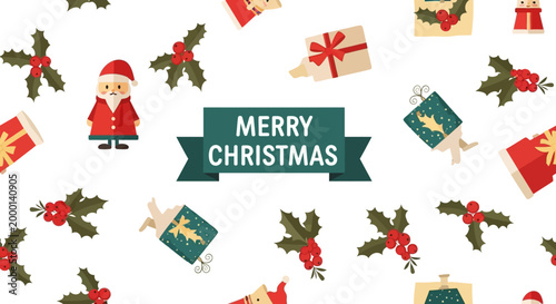 Merry Christmas Banner with Santa Claus, Gifts, and Holly Berries Pattern