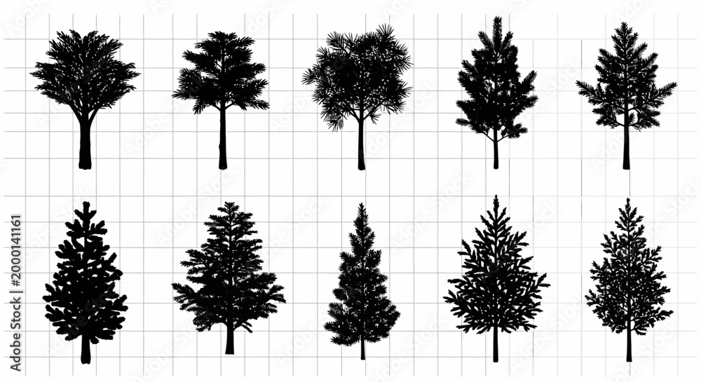 Fototapeta premium Collection of diverse silhouette evergreen trees and conifers against a clean white grid background ideal for design projects and architectural visualization elements