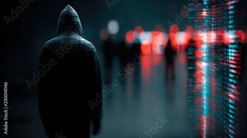 Digital Glitch Silhouette of a Person Walking Towards Blurred City Lights at Night