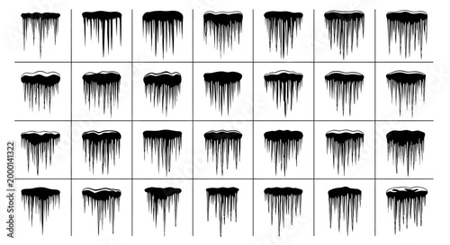 Collection of diverse black silhouette icicle brush stroke elements for winter design isolated on white background representing cold weather and frosty effects in graphic