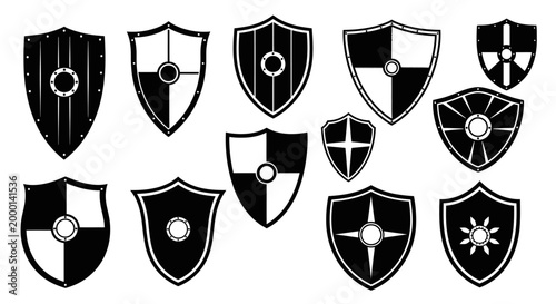 Collection of diverse medieval and fantasy shields heraldic symbols and protective gear vector icons representing strength defense and history isolated on white background