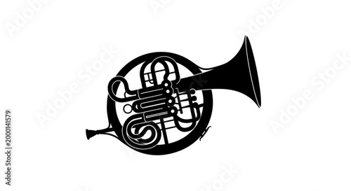 Detailed black silhouette of a french horn musical instrument showcasing intricate valves and tubing isolated on a clean white background perfect for music education or artistic