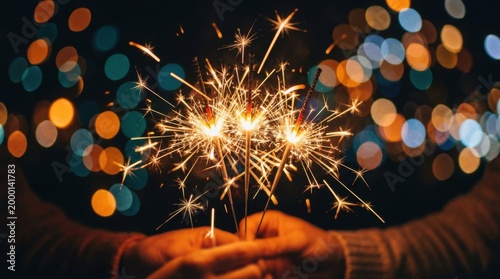 Close Up of Hands Holding Glowing Sparklers During Night Celebration