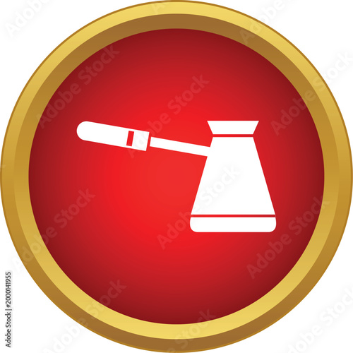 Cezve icon preparing coffee within a red circle and gold border graphic element