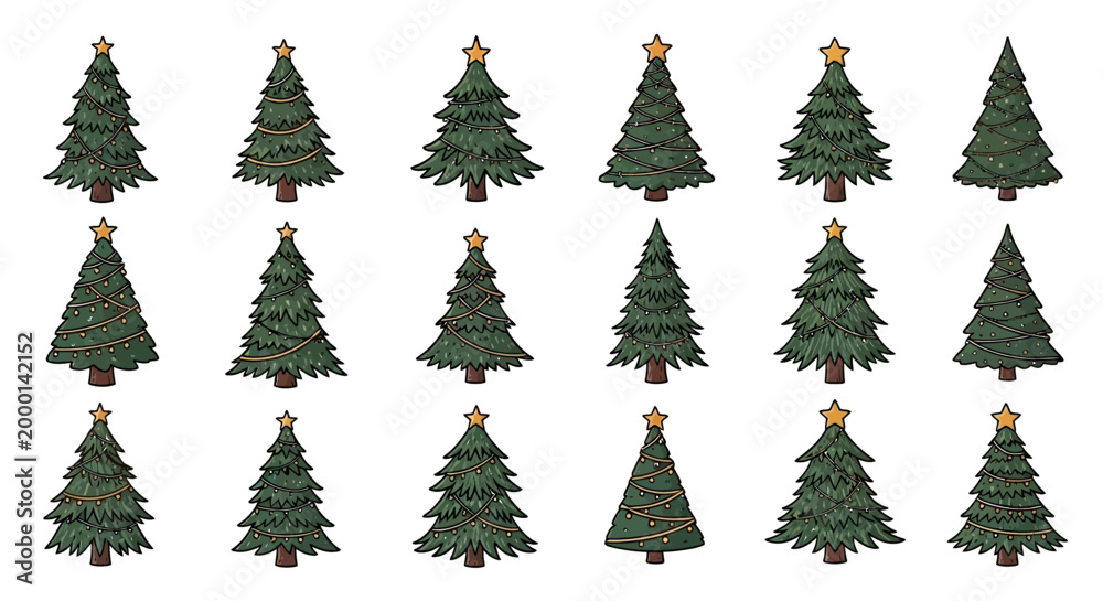 Obraz premium Christmas Tree Collection: Decorated Fir Trees with Star Topper and Lights, Isolated