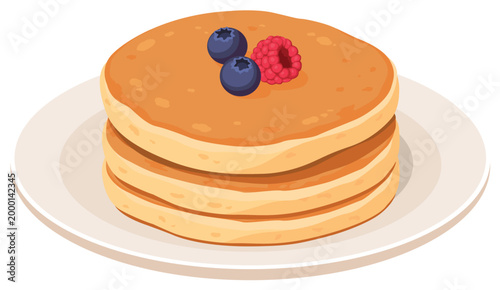 Stack of pancakes with blueberries and raspberry, flat food vector on transparent background