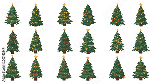 Collection of Decorated Christmas Trees with Lights and Stars - Festive Holiday Season