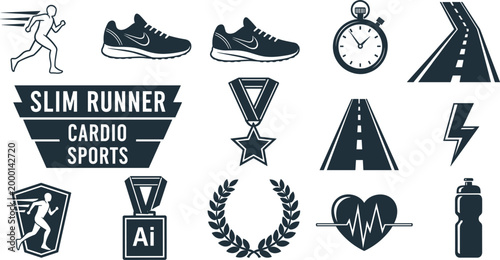 Running Sport Fitness Badge Silhouette Elements Set Isolated on White Background