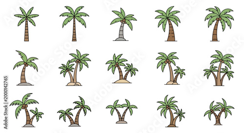 Collection of diverse palm tree illustrations, tropical foliage, various island designs