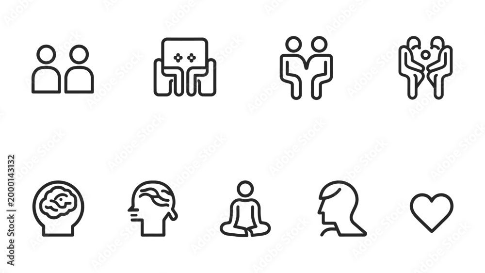 Fototapeta premium Minimalist Mind Wellness Icons: A set of simple line icons represents mental wellness, social connection, and emotional balance. Promoting serenity and inner peace.