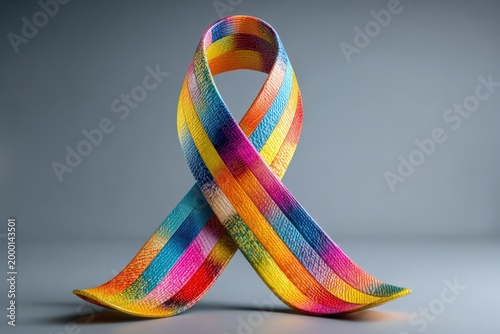 Colorful Ribbon Awareness Symbol with Bright Stripes Against Gray Studio Background