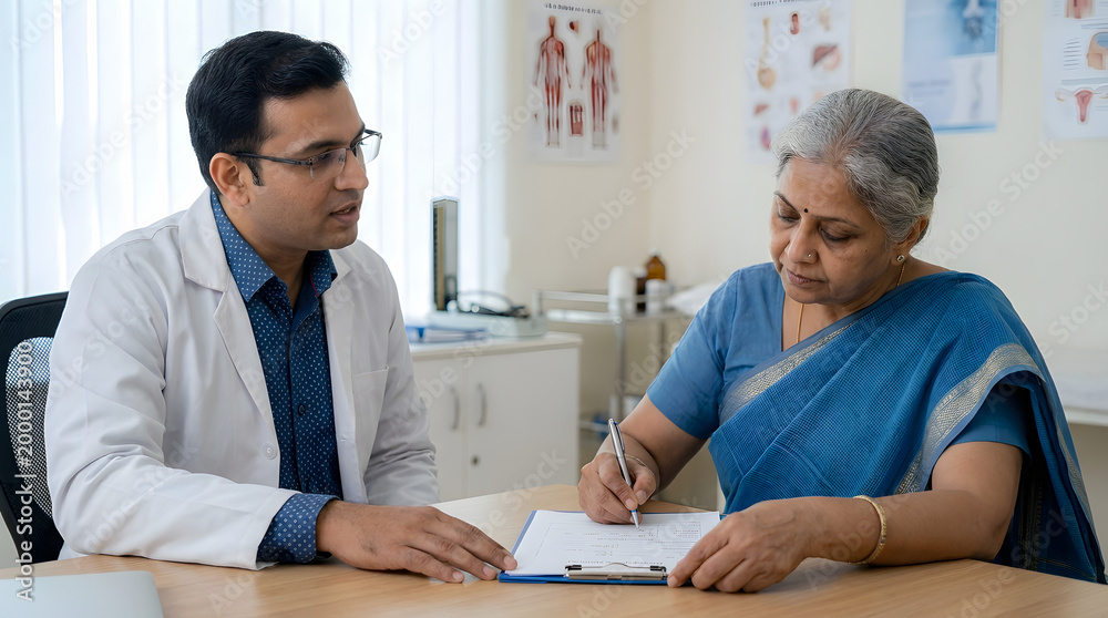 Fototapeta premium Doctor discusses medical report with patient while she signs necessary documentation