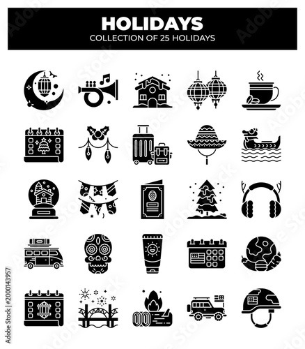 Collection of 25 Holidays. Festive Travel. Vacation. and Celebration Icons