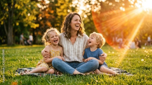 Mother and Children Sitting on Blanket in Park at Golden Hour