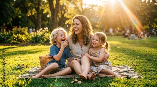 Happy Family Group Hug on Picnic Blanket in Sunny Meadow