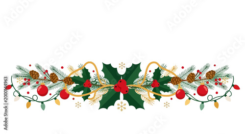 Festive Christmas Garland Border with Holly, Pinecones, Baubles and Lights