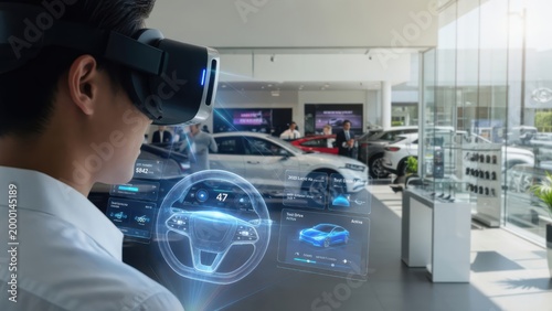 A person wearing a VR headset experiences augmented reality in a modern car showroom, illustrating future retail technology and immersive shopping.