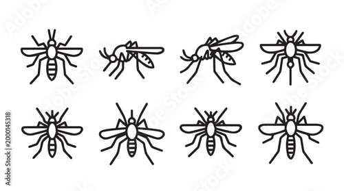 Collection of mosquito icons in line art style on white background for pest control messaging