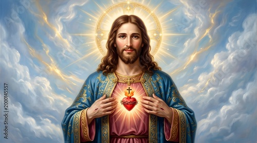 Sacred Heart of Jesus with Radiant Halo in Heavenly Clouds