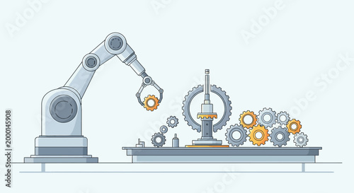 Robotic Arm Assembling Gears on Production Line.