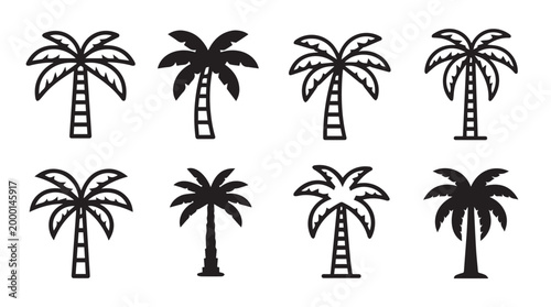 Collection of Palm Tree Icons in Outline and Silhouette Styles on White Background