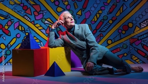Artistic Portrait of a Man with Geometric Shapes and Colorful Background.