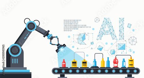 Robotic arm on a conveyor belt with bottles.