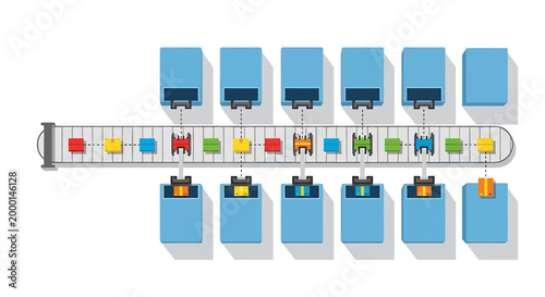 Automated production line with robots sorting colorful blocks into containers.
