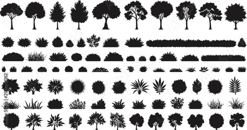 Collection of various tree and plant silhouettes in different shapes and sizes for design and illustration purposes