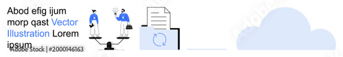 Data storage, document sharing, business collaboration, cloud backup, teamwork, data access. Two people balancing scales by files and folders. Data storage and document sharing concepts highlighted
