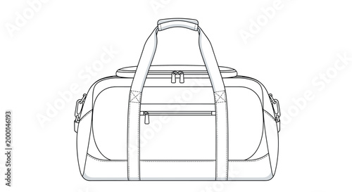 Line art illustration of a large duffle bag or sports bag with sturdy handles and multiple zippers for travel or gym.