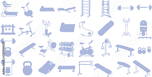 Collection of various gym and fitness equipment illustrations in purple hues on white background