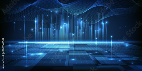 Vector illustrations of smart city background with futuristic building and mesh waveform and rising particles from hi tech floor.