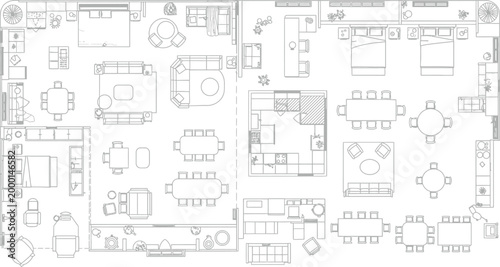 Blurry black and white architectural blueprint or floor plan with various rooms and spaces