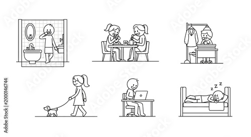Everyday life Routine: Capturing the essence of daily life, this illustration depicts a range of activities, offering a glimpse into various routines and the simple moments that make up the day.