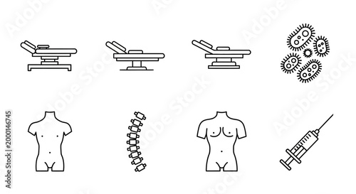 Medical Elements: This illustration encapsulates essential elements of medical care, from treatment beds to biological entities and therapeutic tools. It is a visual representation of the elements.