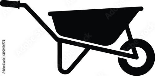 Black wheelbarrow icon, gardening tool, construction equipment, simple silhouette